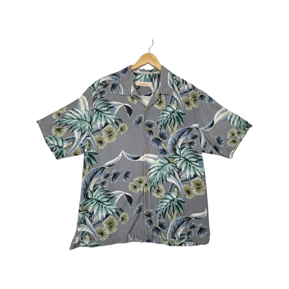 Tommy‎ Bahama Shirt Men Large Gray Tropical 100% Silk Button Up Hawaiian Camp